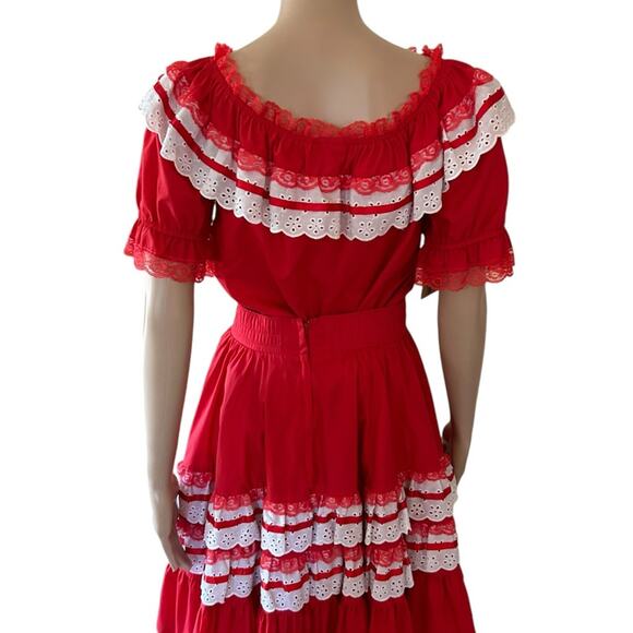 VTG Fashions by Betty Square Dance Set 6 Off The Shoulder Ruffle Skirt White Red - Picture 6 of 13